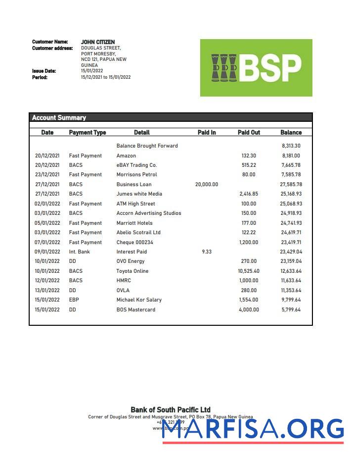 Blank Papua New Guinea BSP bank statement word download for verification